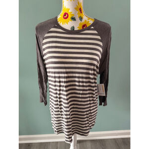 Women's LuLaRoe Randy Top Size L Gray and White Striped Long Sleeve